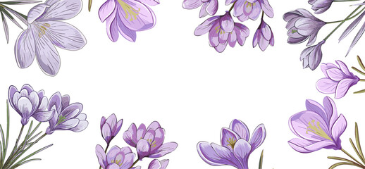 Wall Mural - background of spring crocus flowers. negative free space for text on transparent backdrop. border.