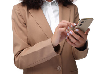 Woman sending message via smartphone isolated on white, closeup