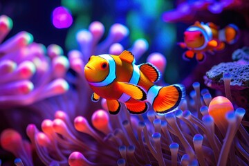 Neon Nemos: Close-up of clownfish surrounded.