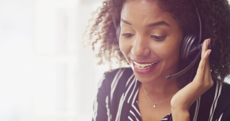Poster - Phone call, black woman in callcenter and contact us with CRM, communication and customer service consultant. Help desk, headset with microphone and agent in telemarketing sales, telecom and advice