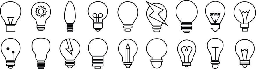 Fototapete - Set of Black Light Bulb icons, on transparent background. Idea signs, solution, thinking concept. Lighting Electric lamp. Electricity, shine. Trendy Line style for graphic designs with editable stock.