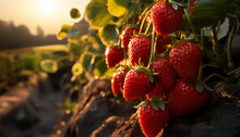 Recreation Of Red Strawberries Hanging In A Plant At Sunset