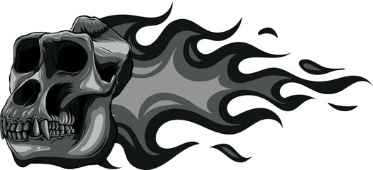 Sticker - monochromatic illustration of ape skull with flames