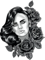 Sticker - monochromatic illustration of beautiful woman with roses flowers