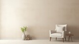 Fototapeta  - Modern Minimalist Interior with white wall and armchair. Beige white sofa couch in room. Generative AI