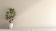 Beige empty concrete textured wall podium stage background, with plants. Empty room of modern contemporary loft with plants on wooden floor.  White wall photography. Generative AI