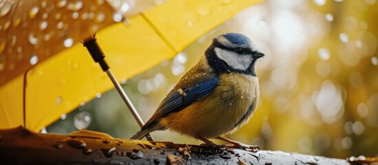 Poster - Blue tit under a natural umbrella during autumn rain. with copy space image. Place for adding text or design