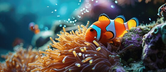 Aufkleber - A clown fish swimming in the safety of it s anemone home in Mozambique. with copy space image. Place for adding text or design