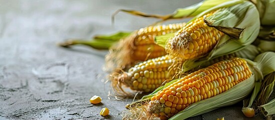 Poster - fresh corn on the stalk in a field yellow corn sweet corn. with copy space image. Place for adding text or design
