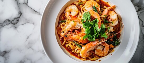 Fototapete - Fried noodles with Shrimp and Squid in thick gravy Rad Na Taley on white plate Top view. with copy space image. Place for adding text or design