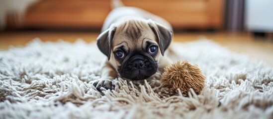 Poster - A pug puppy plays with a bright blue soft toy made of faux fur on a light carpet. with copy space image. Place for adding text or design