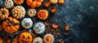 Halloween sweets for Halloween party on black background top view copy space. with copy space image. Place for adding text or design