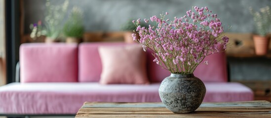 Poster - Dry flowers in pottery vase on small wooden table next to velvet pink couch in grey living room. with copy space image. Place for adding text or design