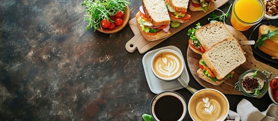 Breakfast with club sandwiches with fresh tomatoes lettuce and cucumbers salmon trout coffee and freshly squeezed juice on white stone concrete table top view copy space. with copy space image