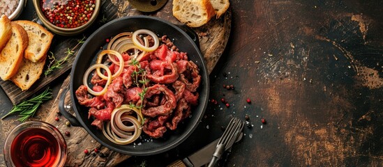 Aufkleber - Beef tartare dish with onion rings served with toast bread. with copy space image. Place for adding text or design