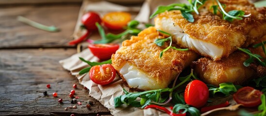 Fish dish fried cod fillet with potatoes and vegetable salad on wooden table. with copy space image. Place for adding text or design