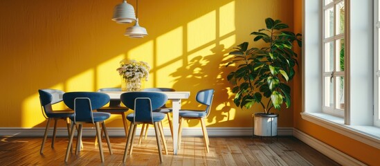Poster - a dining room with yellow walls and wooden flooring two blue chairs and a white table in the corner. with copy space image. Place for adding text or design