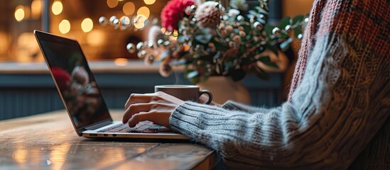 Poster - Female person sitting at wooden table and holding cup of hot drink while surfing the internet on notebook. with copy space image. Place for adding text or design