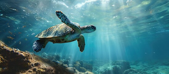 Poster - Green Sea Turtle Chelonia mydas Underwater. with copy space image. Place for adding text or design
