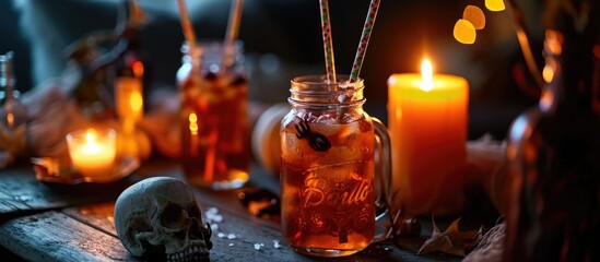 Poster - Halloween table setting for drinks A glass jar with straws candles and a skull on a dark background Halloween decorations. with copy space image. Place for adding text or design