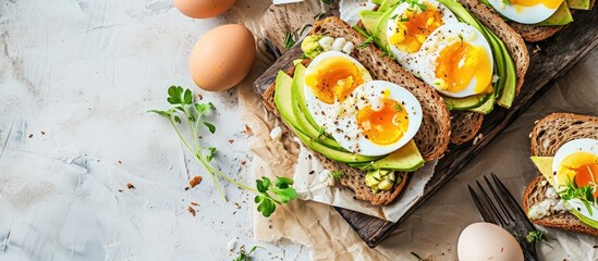 Aufkleber - a breakfast avocado sandwich with boiled egg. with copy space image. Place for adding text or design