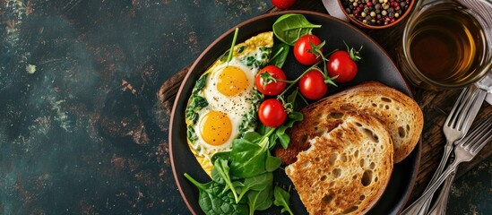 Aufkleber - A wholesome breakfast of spinach omelette cherry tomatoes grated cheese fresh veggies and whole grain bread. with copy space image. Place for adding text or design