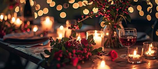 Aufkleber - Candlelight decor near table for couple on Valentine s day Luxury romantic date Decoration flowers decor candles Location for surprise marriage proposal. with copy space image