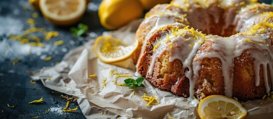 Leinwandbilder - Classic lemon pound cake with powdered sugar glaze sliced on parchment paper topped with lemon zest. with copy space image. Place for adding text or design