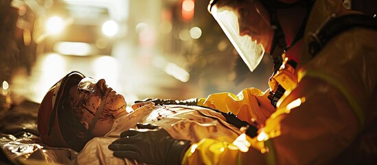 Poster - A firefighter leans over to check the pulse and breathing of a victim lying on the floor Saving people. with copy space image. Place for adding text or design