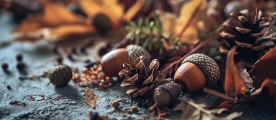 Poster - copy space vintage style decorating with acorn pine cone and dried leaves the autumn season concept. with copy space image. Place for adding text or design