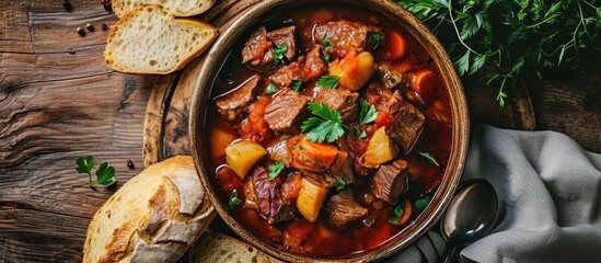 Aufkleber - Beef stew served with crusty bread in a bowl. with copy space image. Place for adding text or design