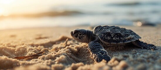 Poster - Baby turtle released for first time to beach. with copy space image. Place for adding text or design