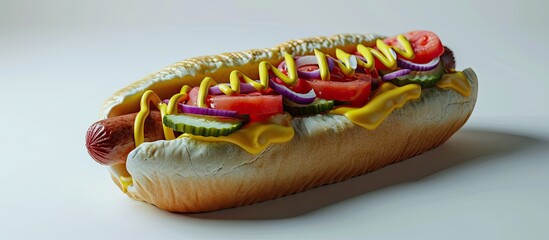 Poster - Chicago Style Hot Dog with Mustard Pickle Tomato Relish and Onion. with copy space image. Place for adding text or design
