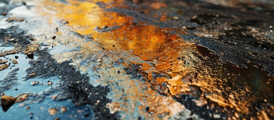 Poster - black gray spots of motor oil on an asphalt road close up from a parking lot asphalt oil pollution. with copy space image. Place for adding text or design