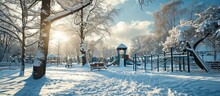 Empty Playground Covered In Snow In Winter Season. With Copy Space Image. Place For Adding Text Or Design