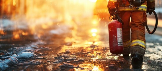 Poster - Fireman showing how to use a fire extinguisher. with copy space image. Place for adding text or design