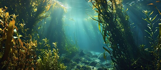 Aufkleber - A kelp forest with Ecklonia maxima from below with the tall stalks reaching up to the water surface and some short Laminaria pallida leaves swaying in the surge in the foreground