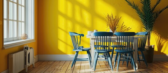 Poster - a dining room with yellow walls and wooden flooring two blue chairs and a white table in the corner. with copy space image. Place for adding text or design