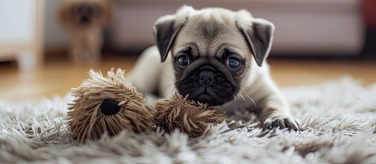 Poster - A pug puppy plays with a bright blue soft toy made of faux fur on a light carpet. with copy space image. Place for adding text or design