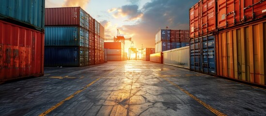 Poster - Container Yard Import and Export Trade View. with copy space image. Place for adding text or design