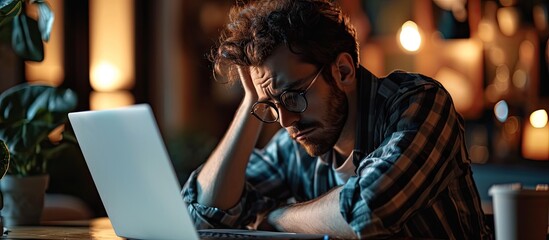 Poster - Business stress and man with a headache laptop and overworked with health issue professional and pain Male person employee or entrepreneur with a pc burnout and migraine with fatigue or problem