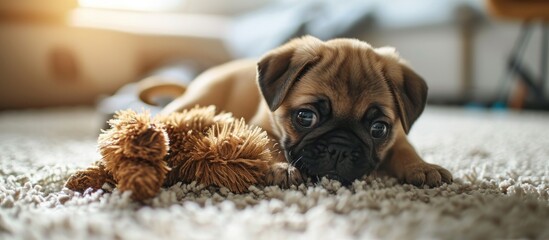 Poster - A pug puppy plays with a bright blue soft toy made of faux fur on a light carpet. with copy space image. Place for adding text or design