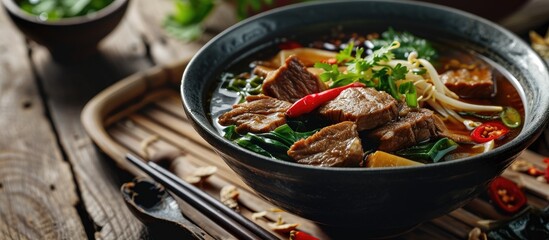 Poster - Fresh are beef soup in Tainan of Taiwan famous cuisine. with copy space image. Place for adding text or design