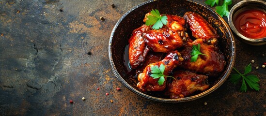 Aufkleber - Chicken Wings with tomato barbecue sauce In a small bowl of horseradish Diagonal view. with copy space image. Place for adding text or design