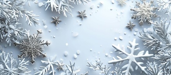 Fototapete - Christmas frame with silver and white snowflakes isolated on white. with copy space image. Place for adding text or design