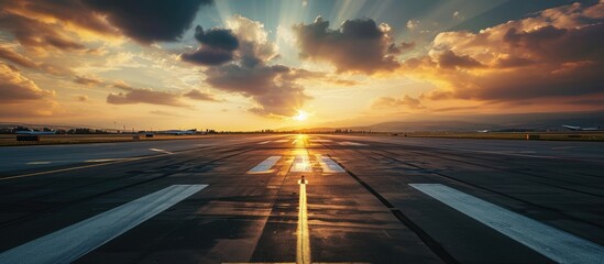 Aufkleber - Endless white line Road markings along the edge of airport runway Minimalistic wide angle shot of empty airport runway at sunset edge of runway and field surrounding it. with copy space image