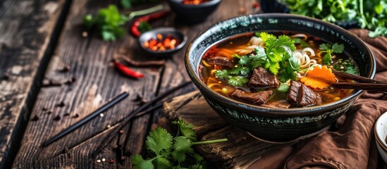 Poster - Fresh are beef soup in Tainan of Taiwan famous cuisine. with copy space image. Place for adding text or design