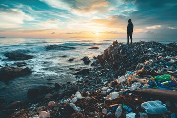 Poster - A person standing amidst plastic waste on the ocean's edge. Generative AI.