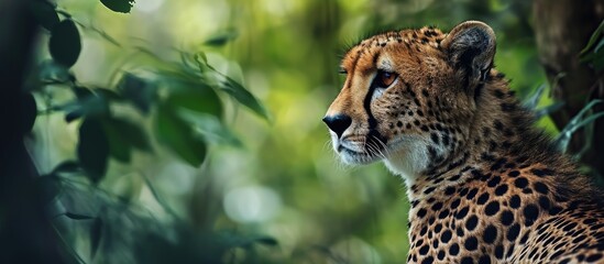 Poster - A cheetah standing alone in its natural habitat looking back green background copy space for text. with copy space image. Place for adding text or design