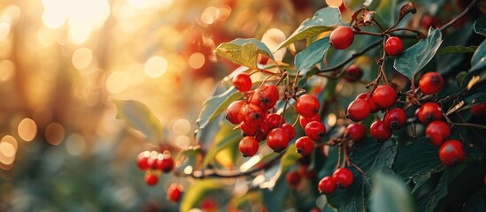 Leinwandbilder - Cornus fruit Red dogwood berries are hanging on a branch of dogwood tree in a garden Branch of dogwood berry with leaves Natural farm products rich fruit harvest Shallow depth of field Close up